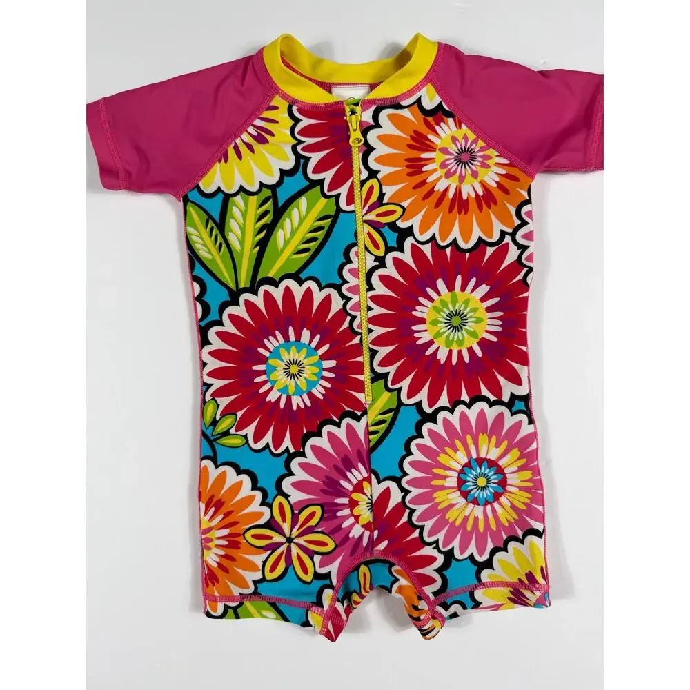 Hanna Andersson Floral Short Sleeve Zip Rash Guard Swimsuit Size 6-12 months